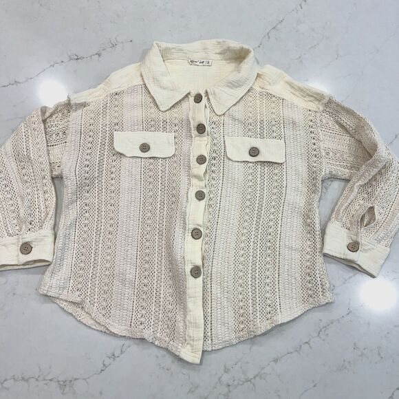 New In Brand Large Ivory Crochet Collared Button Up Boho Long Sleeve Top - Picture 1 of 9